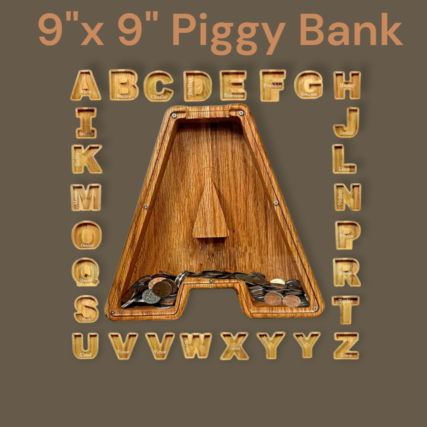Wood Alphabet Letter Piggy Bank - Large 9"X 9"